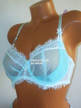 34DD Victoria Secret Dream Angels Unlined Push Up w/o padding Bra Aqua Blue Whit